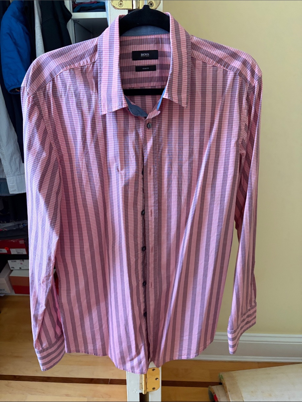 BOSS Men's Pink Striped Button-Up Shirt SLIM FIT SIZE LARGE